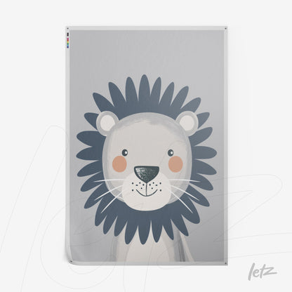 arte de um leão com traços infantis em fundo cinza claro