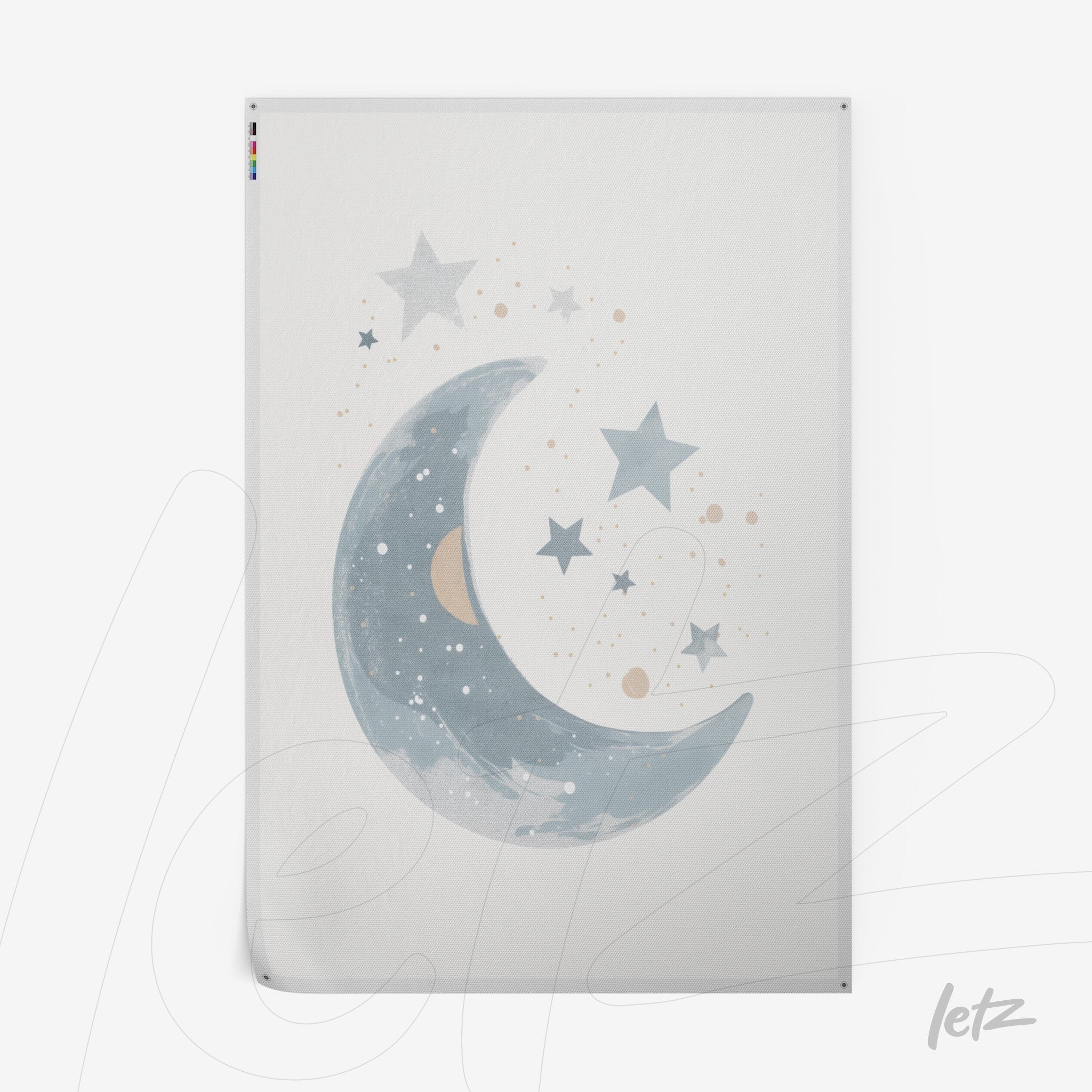 quadro com ilustração de lua crescente em tons de azul com estrelas em aquarela
