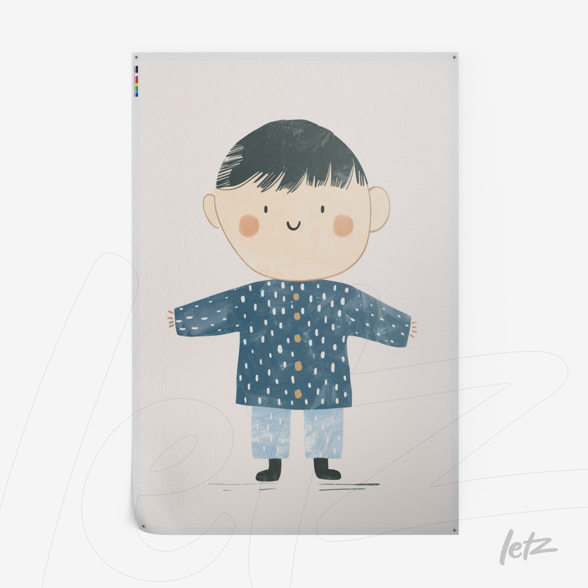 arte digital de um menino sorridente com cabelo preto e blusa azul de bolinhas em fundo claro