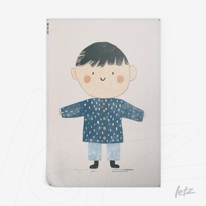 arte digital de um menino sorridente com cabelo preto e blusa azul de bolinhas em fundo claro