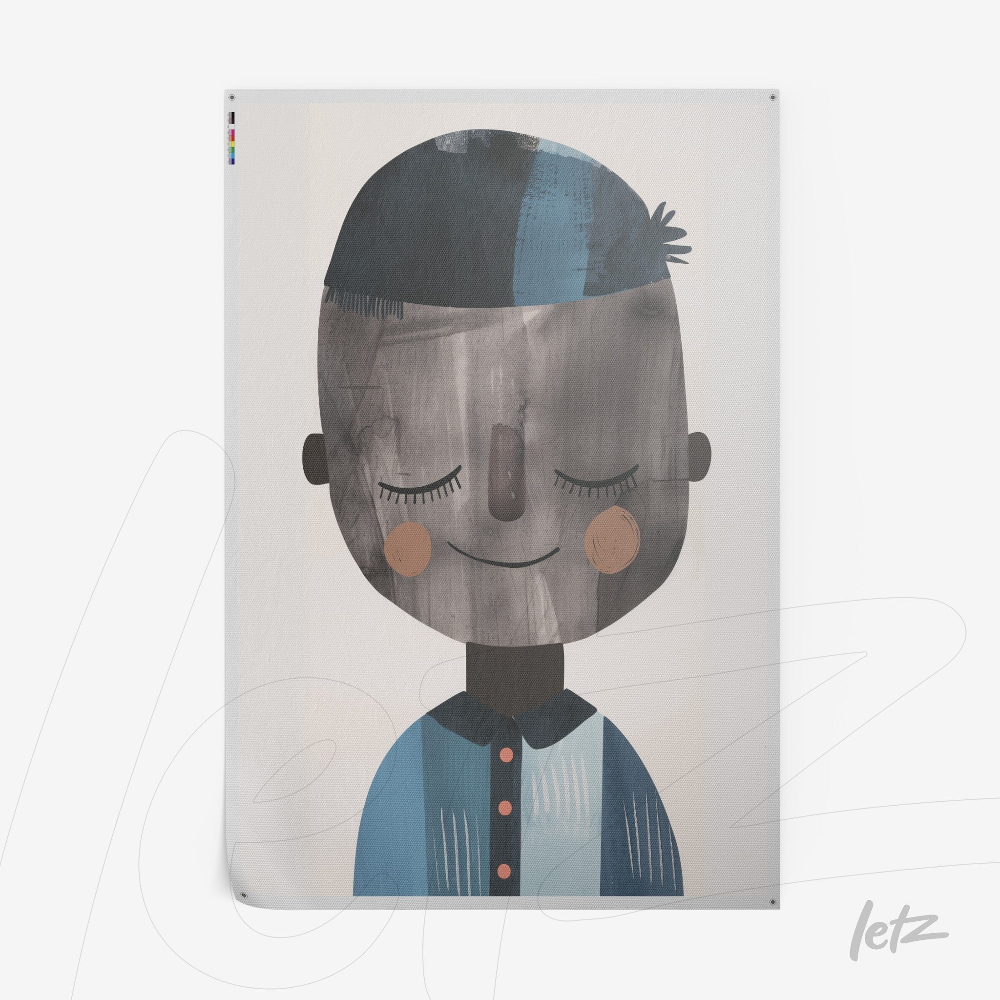 quadro com ilustração de personagem infantil sorridente em tons suaves de azul e marrom