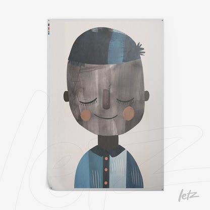 quadro com ilustração de personagem infantil sorridente em tons suaves de azul e marrom