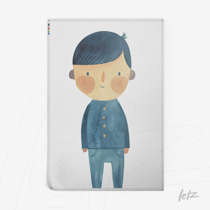 ilustração colorida de personagem infantil com cabelo azul escuro e roupa azul, em fundo branco