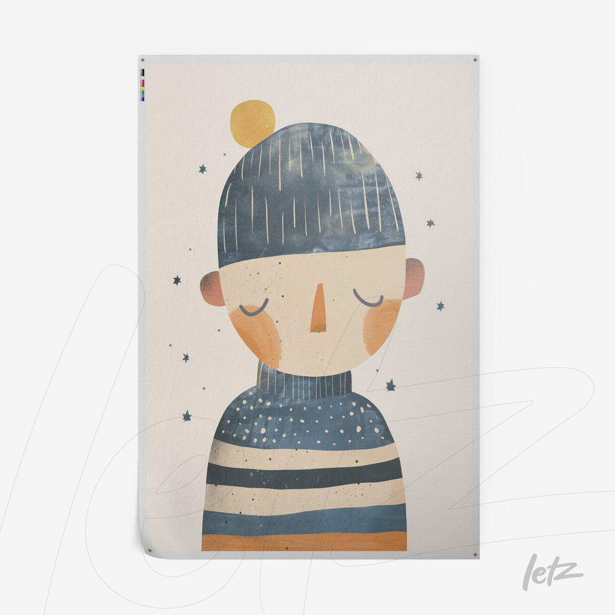 quadro com arte infantil de um menino usando um gorro azul e suéter listrado, com elementos de estrelas sobre fundo claro