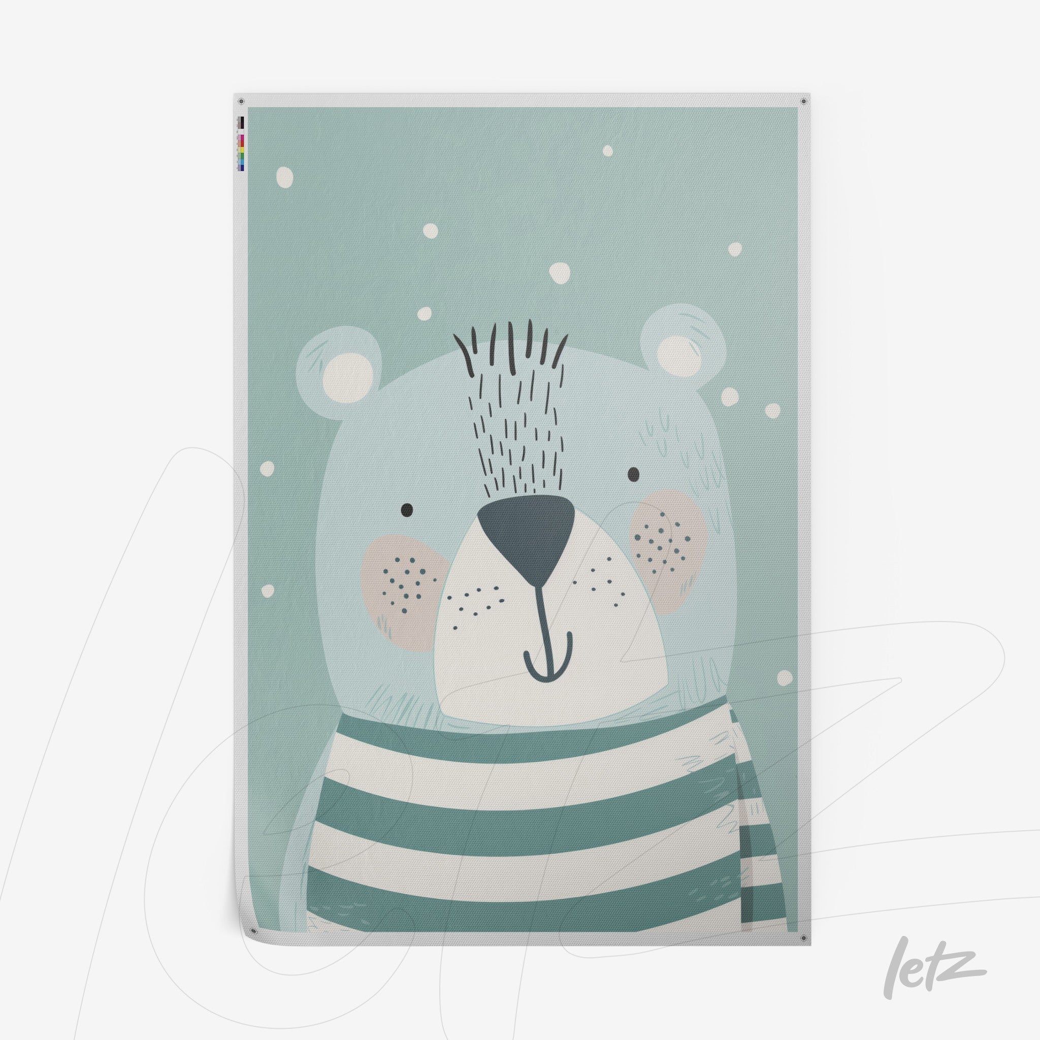quadro com ilustração de urso cartoon em fundo azul claro com flocos de neve