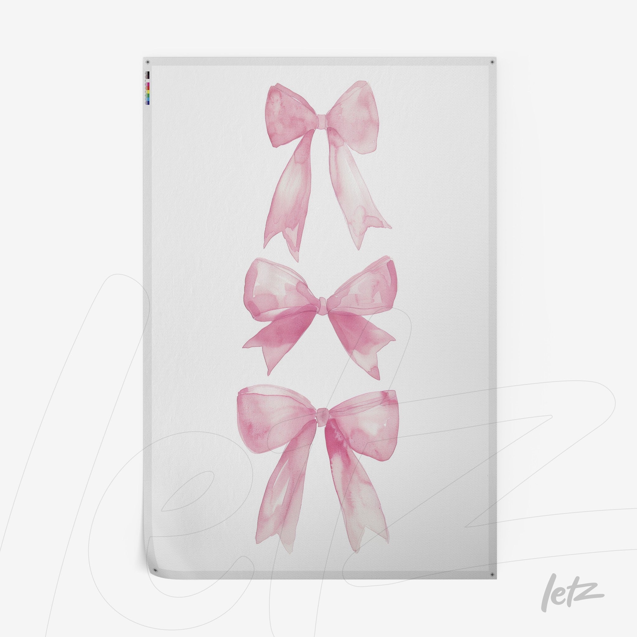 quadro com ilustrações de laços rosa em fundo branco