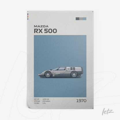 quadro com ilustração do carro Mazda RX 500 em fundo azul claro, com detalhes gráficos e texto informativo