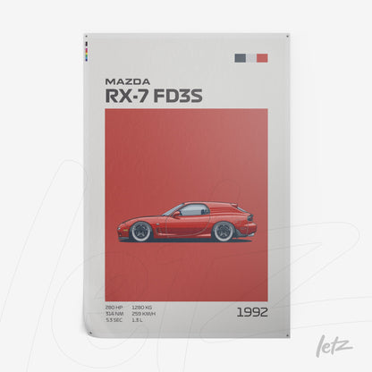 quadro com ilustração minimalista do carro Mazda RX-7 FD3S em fundo vermelho, exibido com detalhes técnicos e ano de fabricação 1992