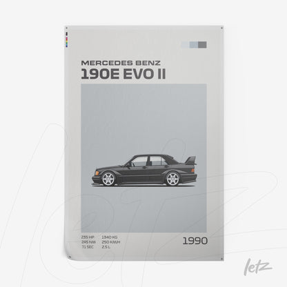 quadro com ilustração de um carro Mercedes Benz 190E EVO II em fundo cinza, detalhes técnicos ao lado