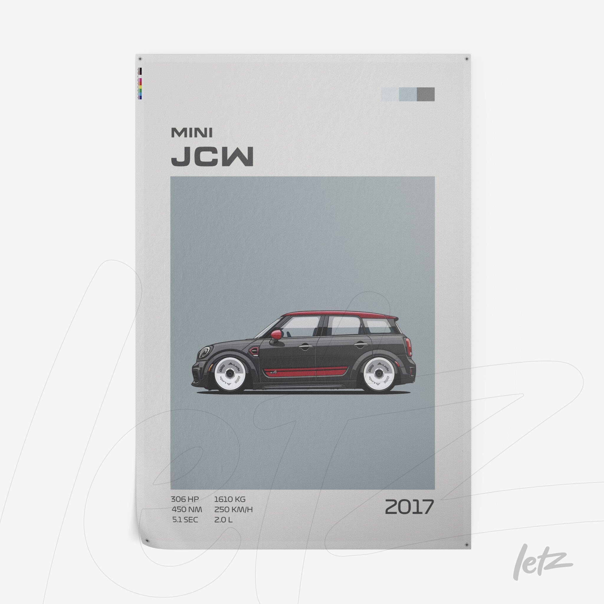 ilustração de carro estilizado, modelo Mini JCW de 2017, com fundo cinza e detalhes em vermelho