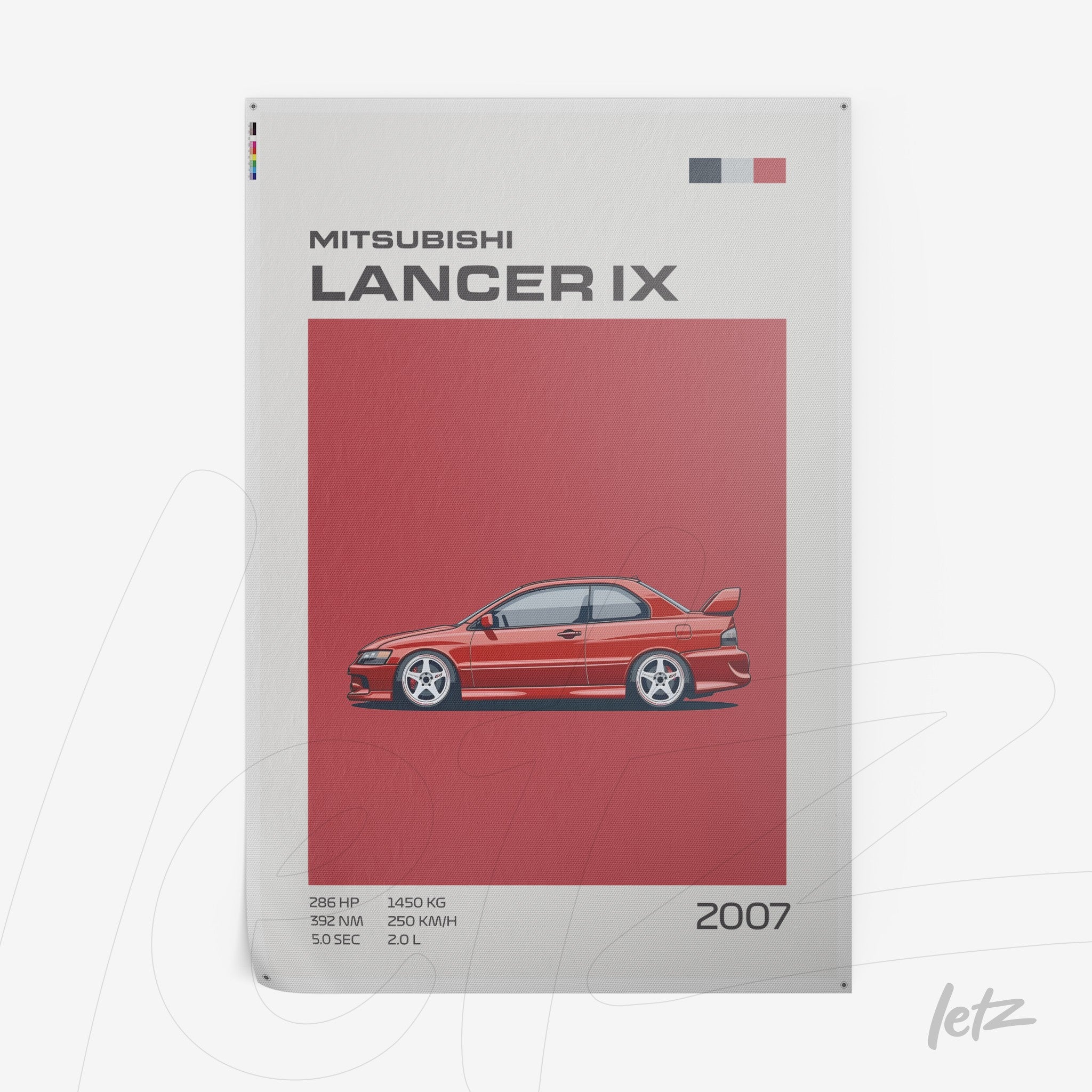 quadro com arte digital do carro Mitsubishi Lancer IX em fundo vermelho, com destaque para suas linhas e detalhes estilizados