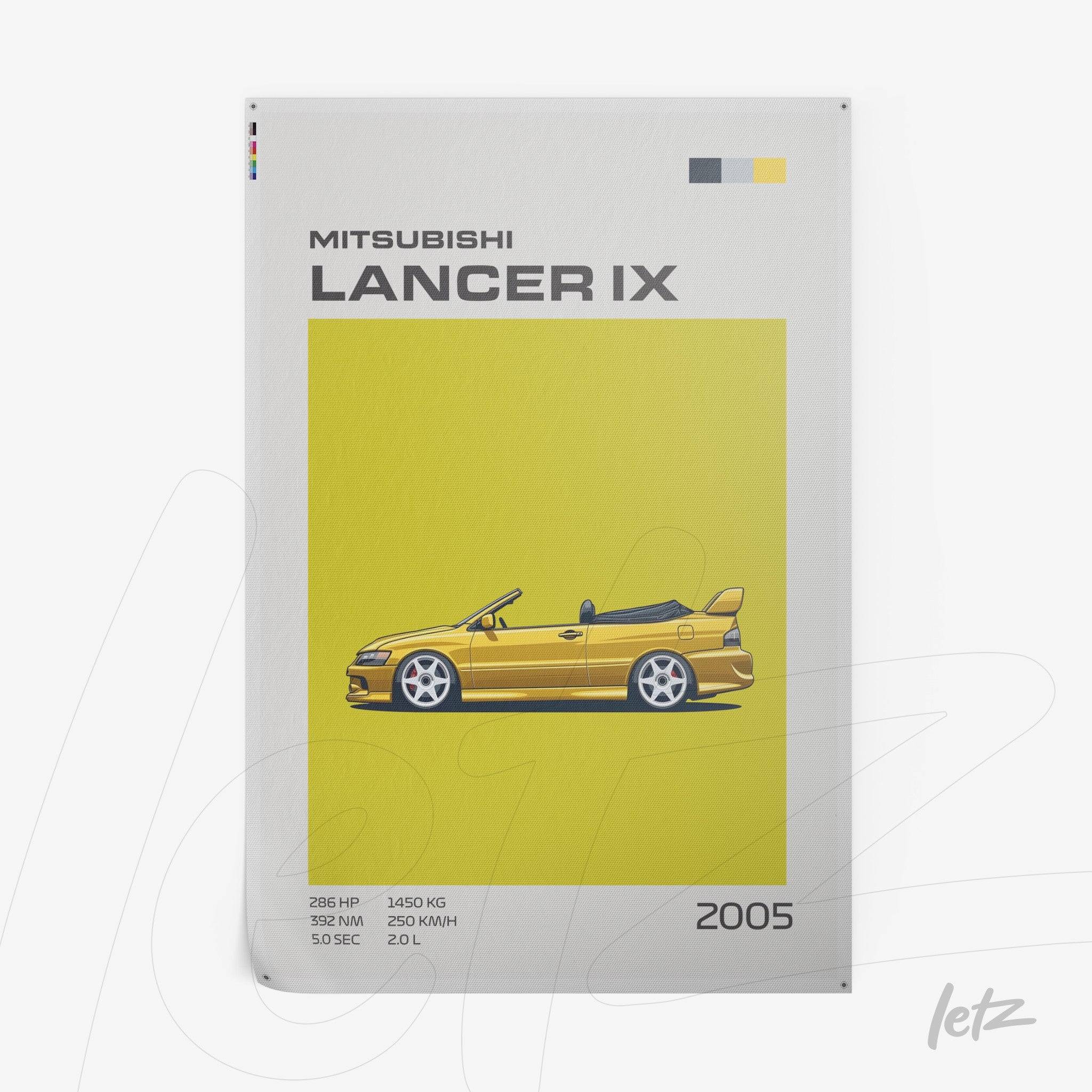 quadro em estilo retro com ilustração do carro Mitsubishi Lancer IX sobre fundo amarelo