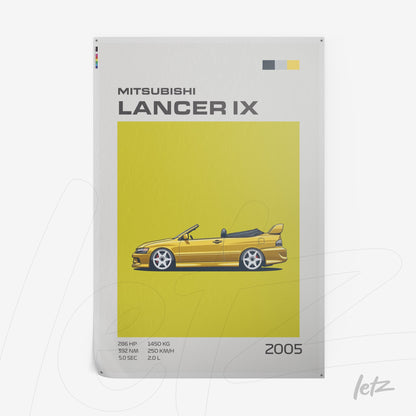 quadro em estilo retro com ilustração do carro Mitsubishi Lancer IX sobre fundo amarelo