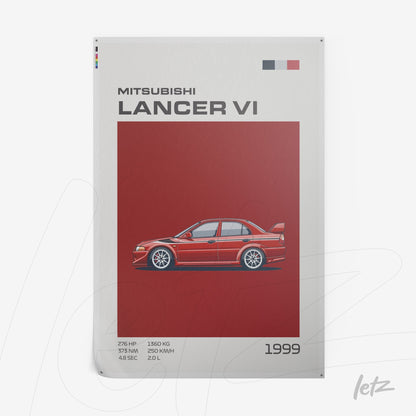 quadro em estilo retrô digital do Mitsubishi Lancer VI 1999, com fundo vermelho e detalhes em branco