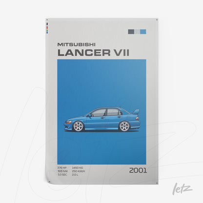 pôster com ilustração estilizada de um Mitsubishi Lancer VII em fundo azul claro