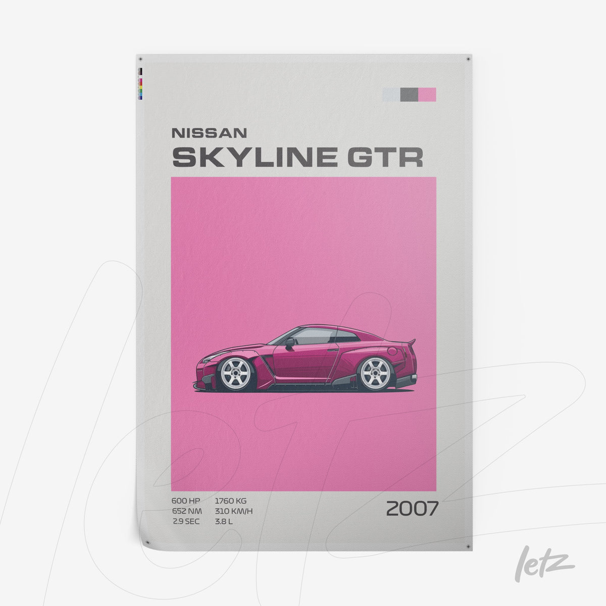 quadro com arte gráfica do carro Nissan Skyline GTR em fundo rosa vibrante com detalhes estilizados
