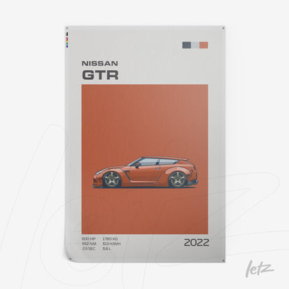 quadro decorativo com ilustração de um carro Nissan GTR em fundo laranja, detalhes em gráfico com especificações do modelo 2022