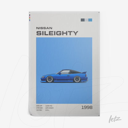 arte digital com ilustração de carro Nissan Sileighty em fundo azul, dados técnicos e ano 1998