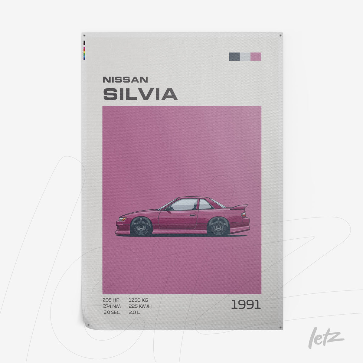 ilustração do carro Nissan Silvia de 1991 com fundo rosa e detalhes gráficos