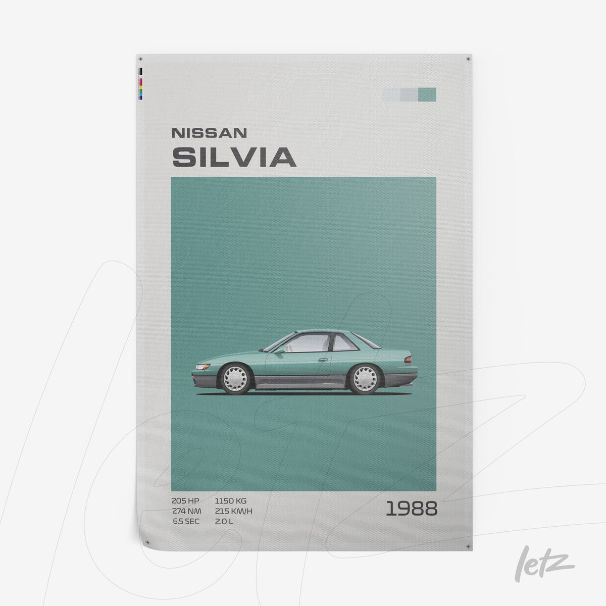 pôster com ilustração do carro Nissan Silvia de 1988 em fundo verde claro
