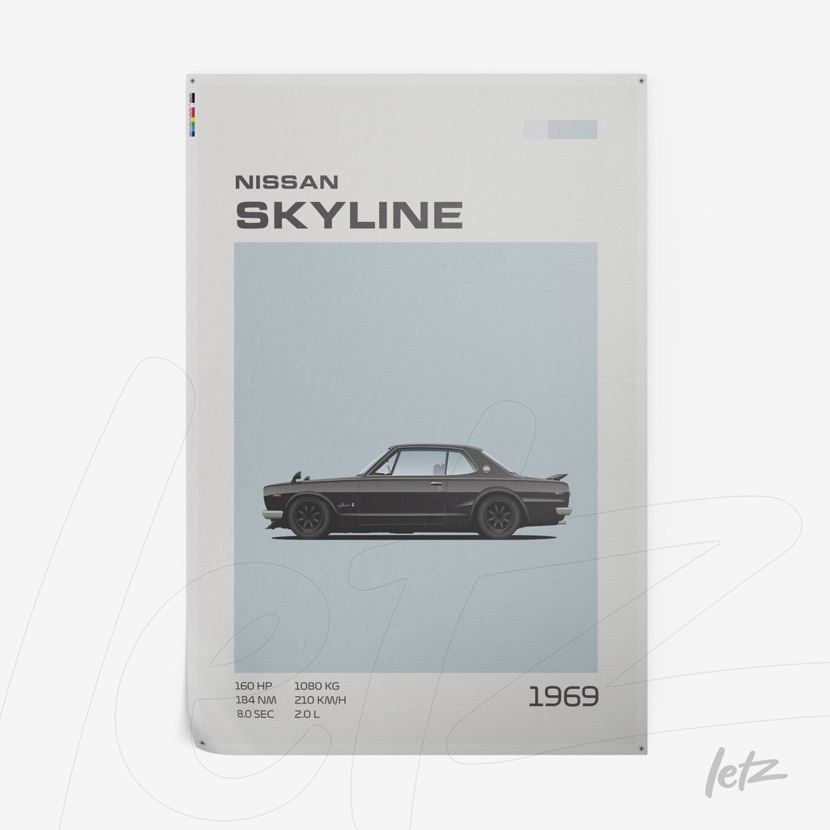 arte digital do carro Nissan Skyline 1969 com fundo azul suave e detalhes em tipografia minimalista