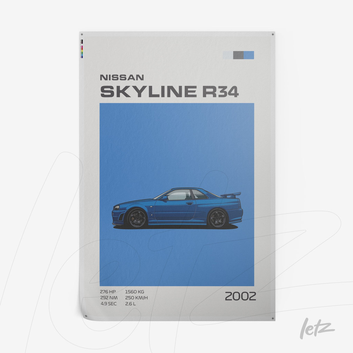 quadro decorativo com arte digital do carro Nissan Skyline R34 em fundo azul claro, destacando suas características e ano de fabricação 2002