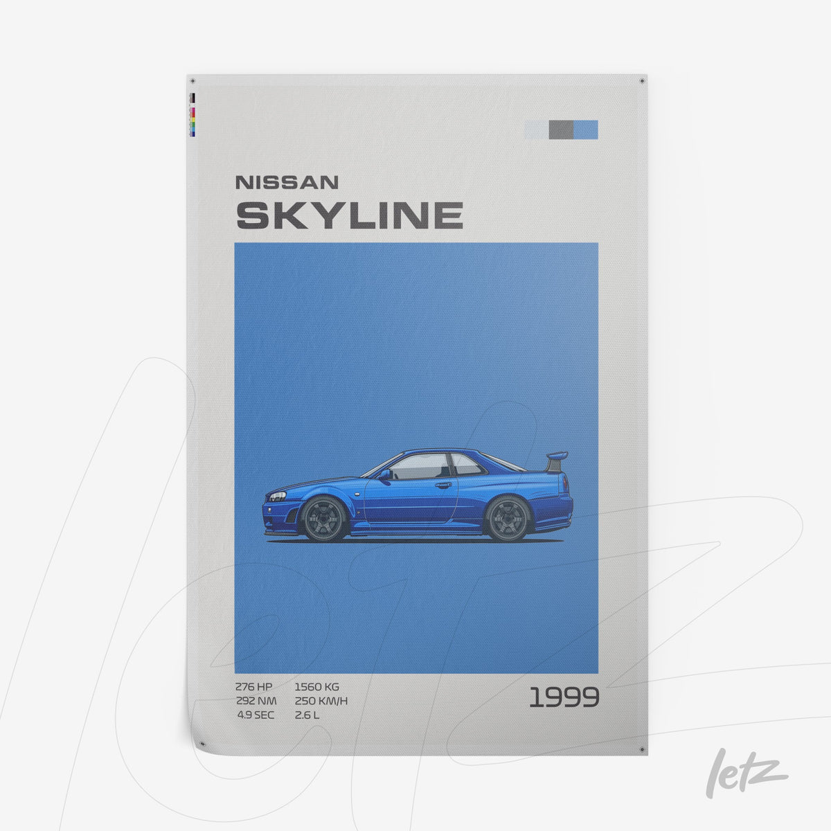 quadrado decorativo com arte ilustrativa do carro Nissan Skyline 1999 em fundo azul vibrante