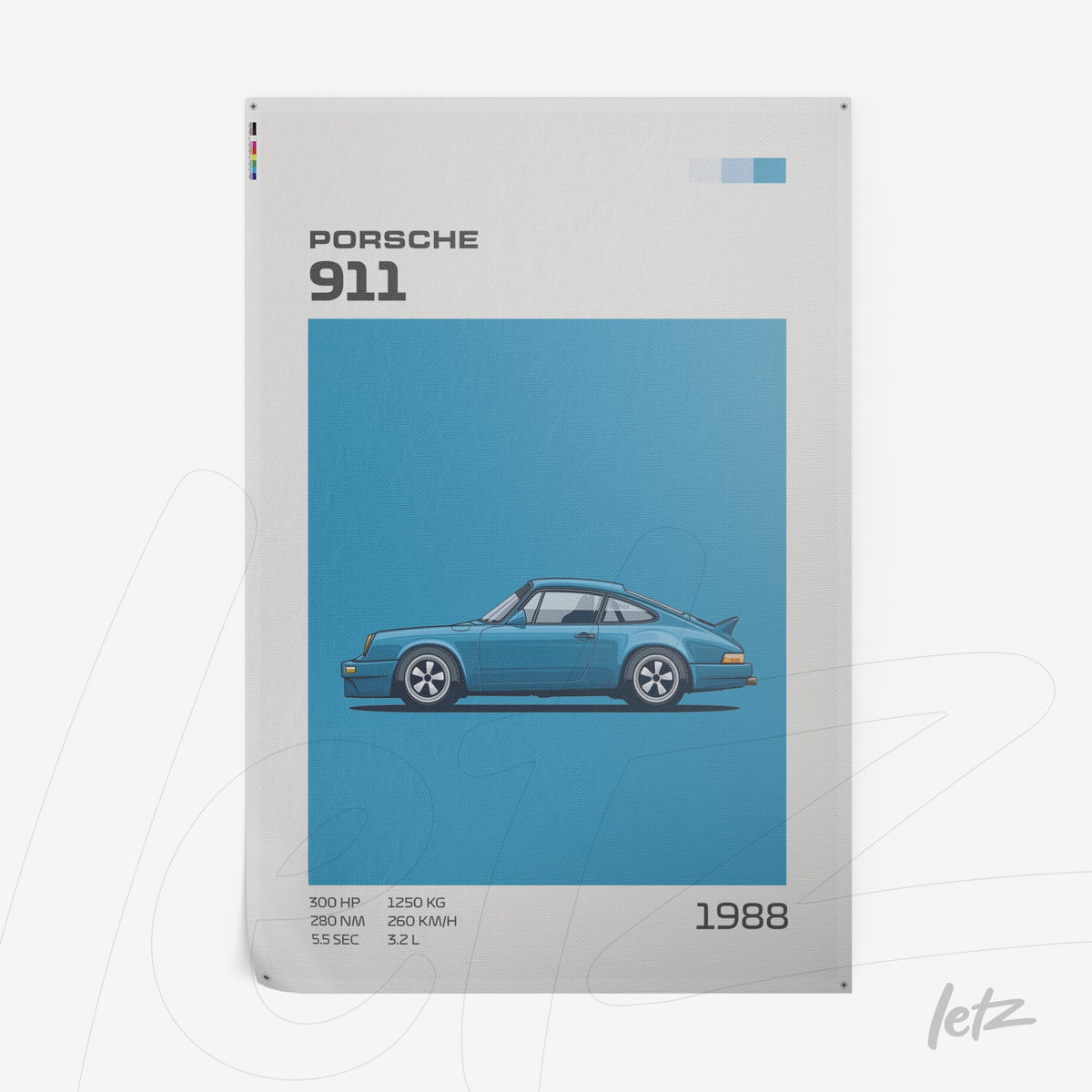 quadro com ilustração estilizada do carro Porsche 911 em fundo azul