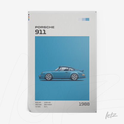 quadro com ilustração estilizada do carro Porsche 911 em fundo azul