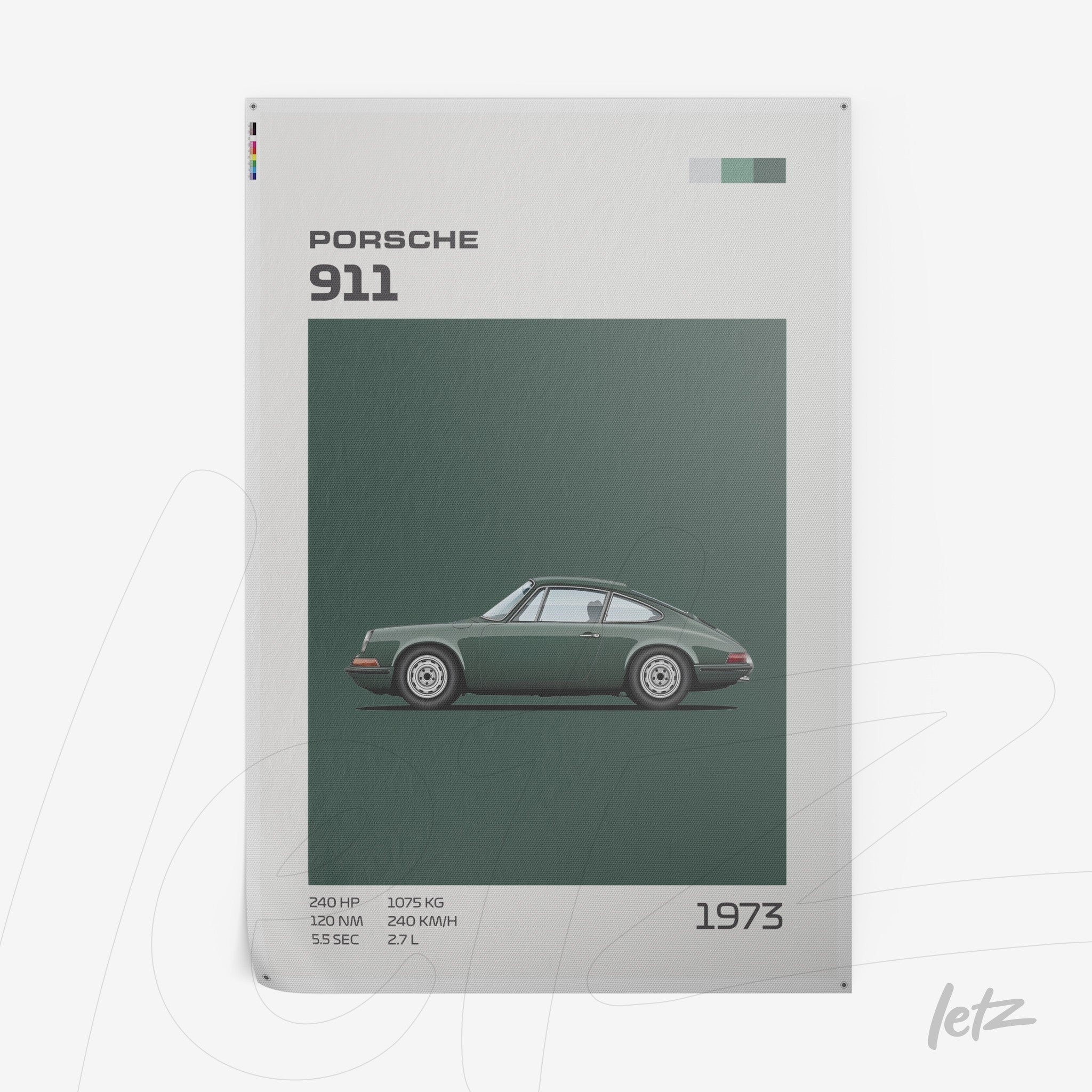 pôster com ilustração do carro Porsche 911 de 1973 em fundo verde escuro com design minimalista