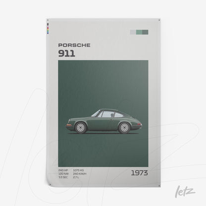 pôster com ilustração do carro Porsche 911 de 1973 em fundo verde escuro com design minimalista