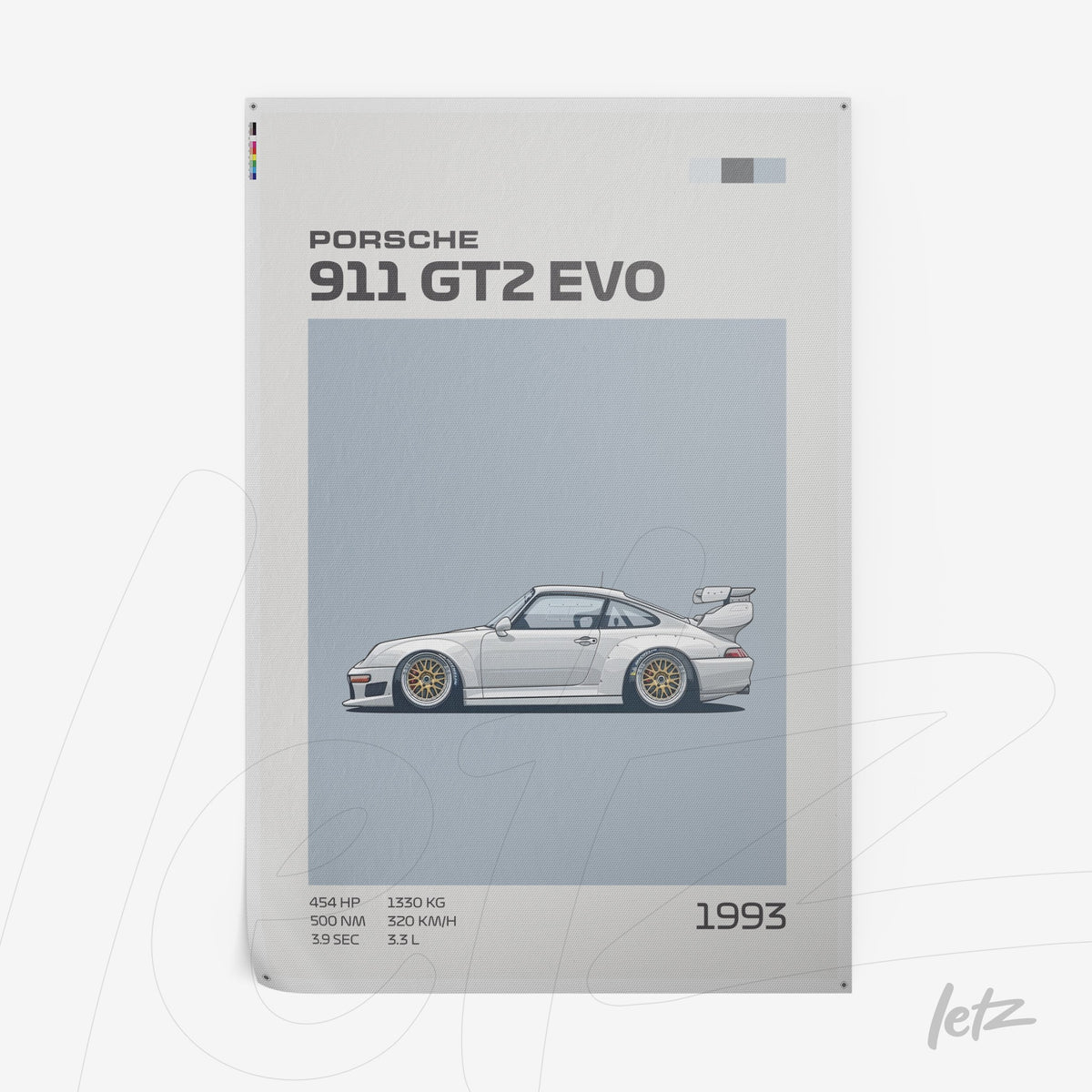 quadro com ilustração do Porsche 911 GT2 EVO de 1993 em fundo azul claro e tipografia moderna