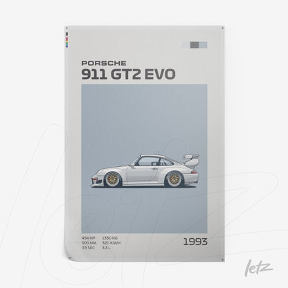 quadro com ilustração do Porsche 911 GT2 EVO de 1993 em fundo azul claro e tipografia moderna