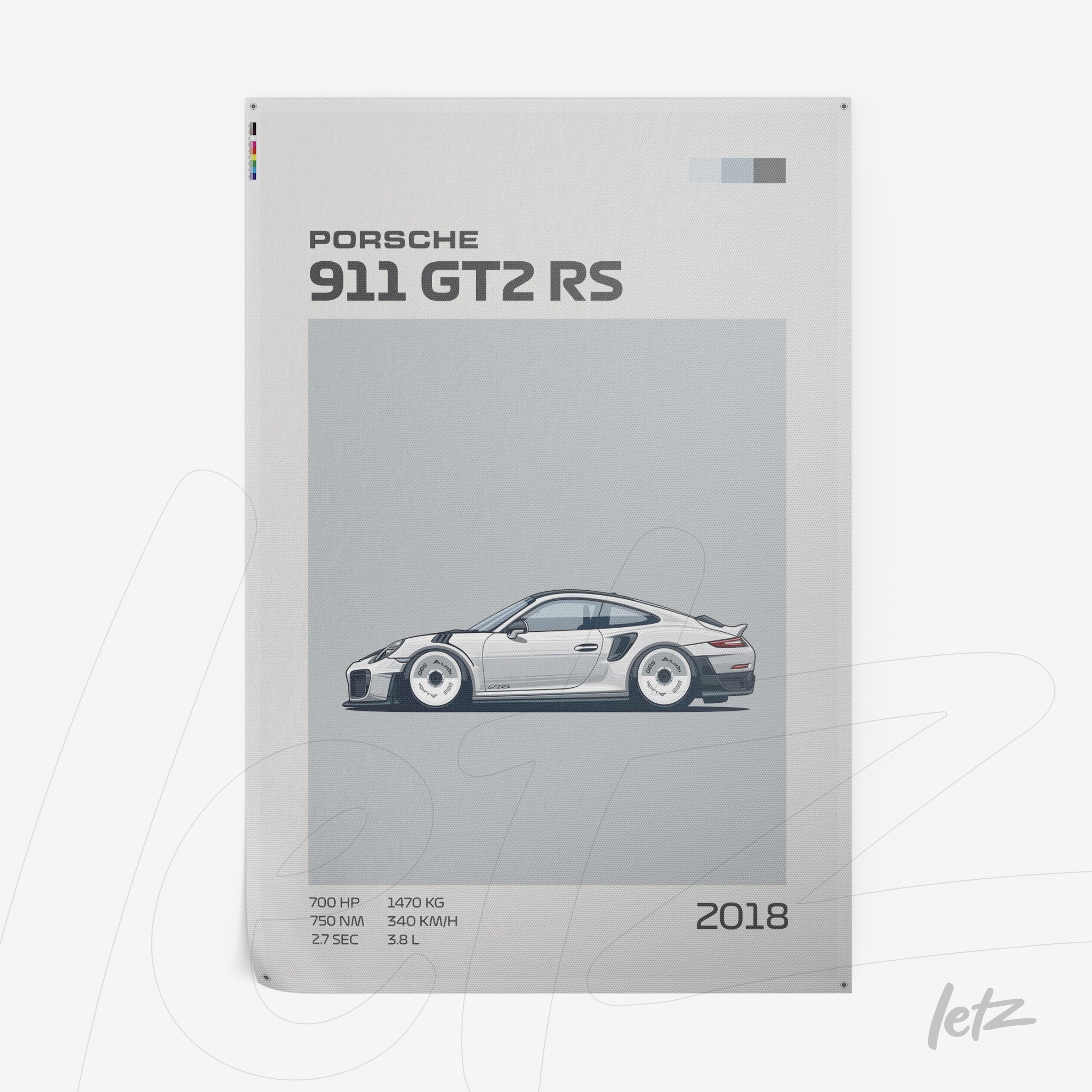 quadro minimalista com arte do carro Porsche 911 GT2 RS de 2018 em fundo claro e descrição técnica ao lado