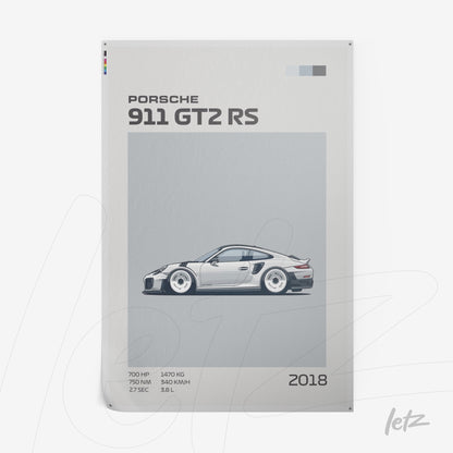 quadro minimalista com arte do carro Porsche 911 GT2 RS de 2018 em fundo claro e descrição técnica ao lado