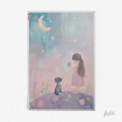 arte digital de menina com vestido lilás olhando para cachorro sob um céu estrelado em tons suaves