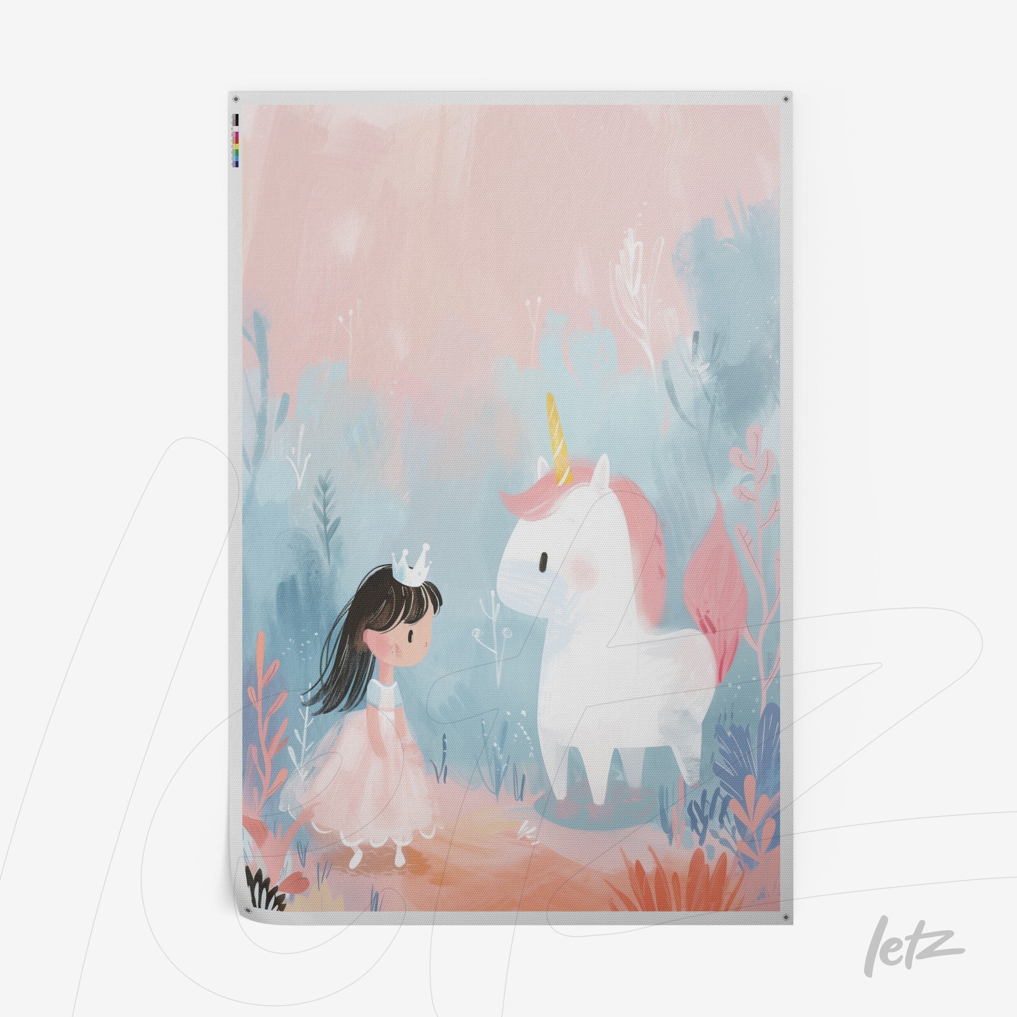 quadro com ilustração infantil de menina com tiara em vestido rosa interagindo com unicórnio em fundo suave de cores pastel