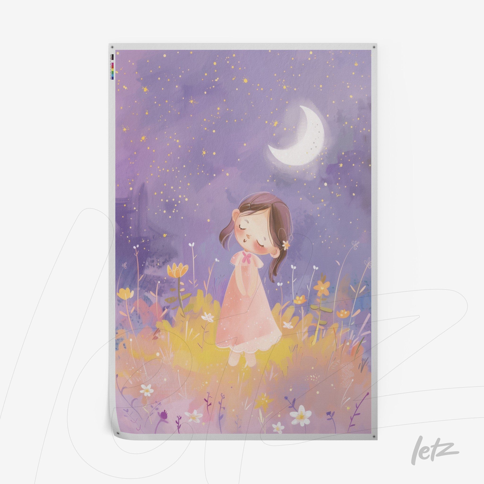 ilustração colorida de menina sonhadora em campo de flores, sob um céu estrelado com lua crescente