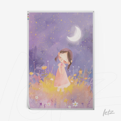 ilustração colorida de menina sonhadora em campo de flores, sob um céu estrelado com lua crescente