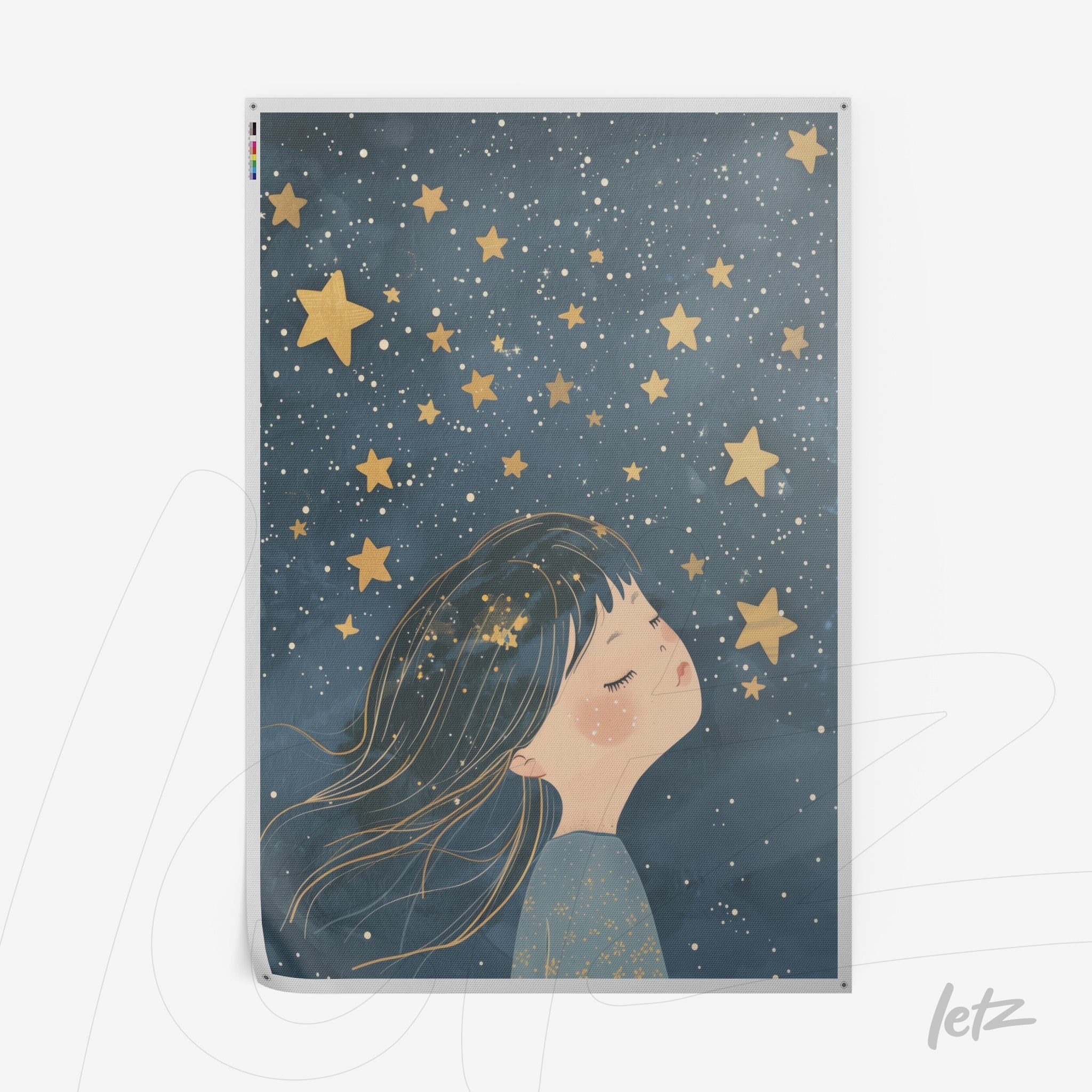 quadro com ilustração de menina sonhadora rodeada por estrelas douradas em fundo azul escuro com toque de brilho