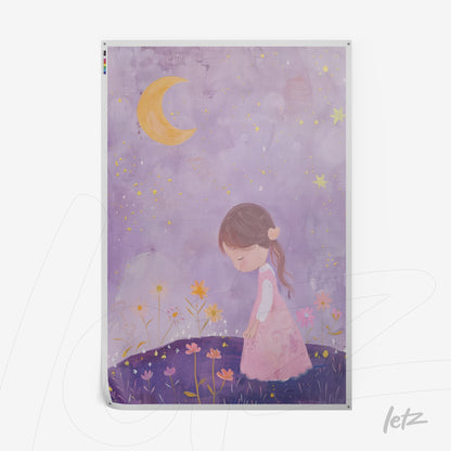 quadro com arte infantil de menina em vestido rosa com flores sob céu lilás e lua