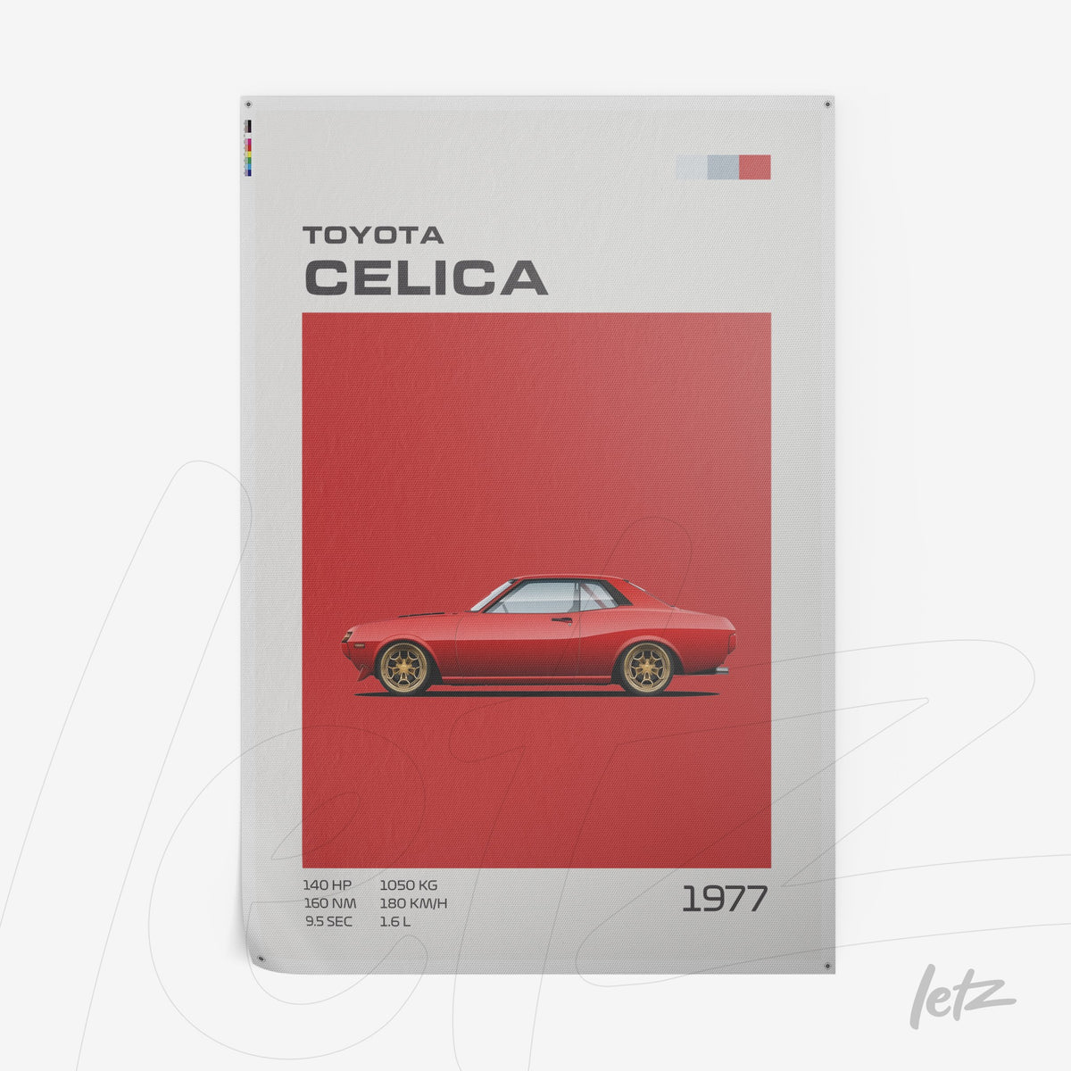 quadro com arte digital de um carro Toyota Celica 1977 em fundo vermelho vibrante