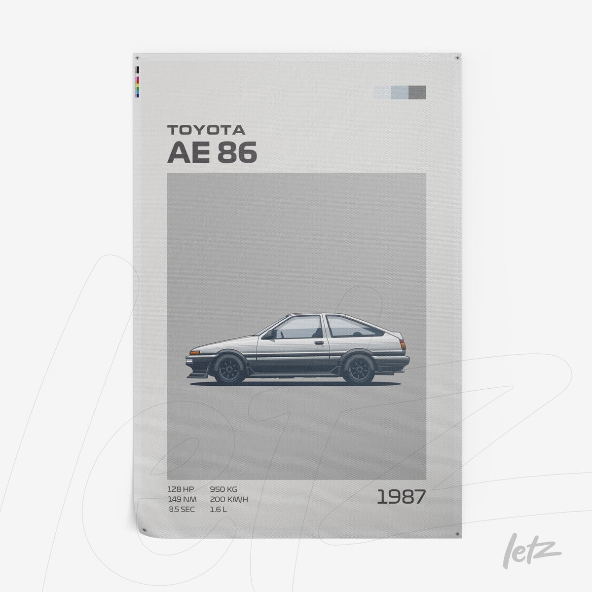 quadro com arte minimalista do carro Toyota AE 86 em fundo cinza claro