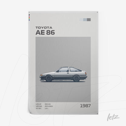 quadro com arte minimalista do carro Toyota AE 86 em fundo cinza claro