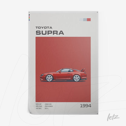 ilustração de carro esportivo Toyota Supra em fundo vermelho com detalhes em branco e azul