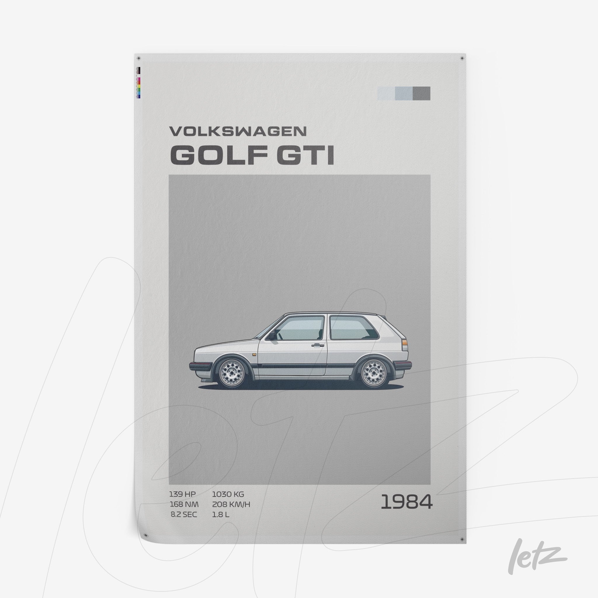 quadro com ilustração minimalista do carro Volkswagen Golf GTI de 1984 em fundo claro