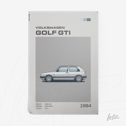 quadro com ilustração minimalista do carro Volkswagen Golf GTI de 1984 em fundo claro