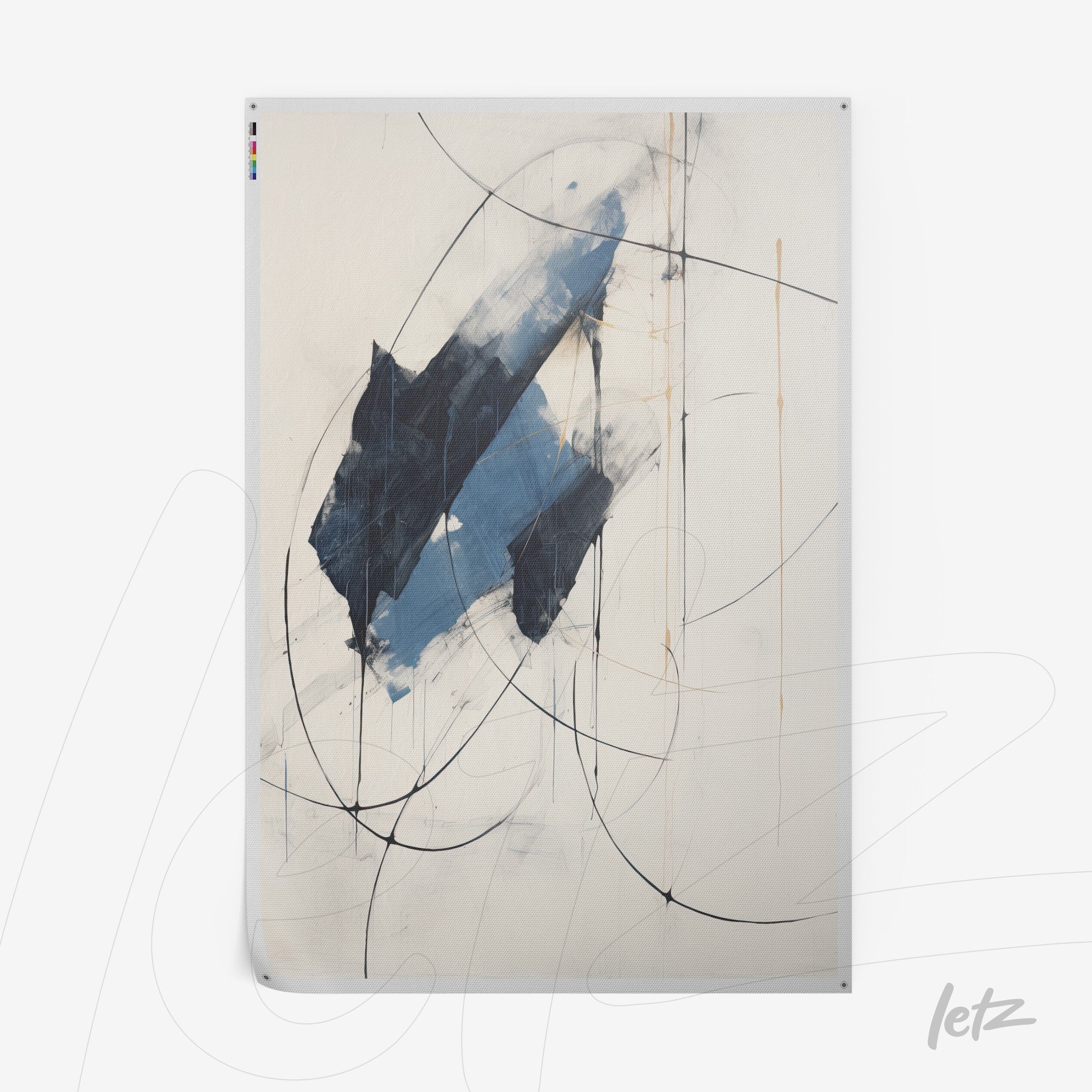 quadro com arte abstrata em tons de azul e preto sobre fundo claro com linhas finas e formas orgânicas