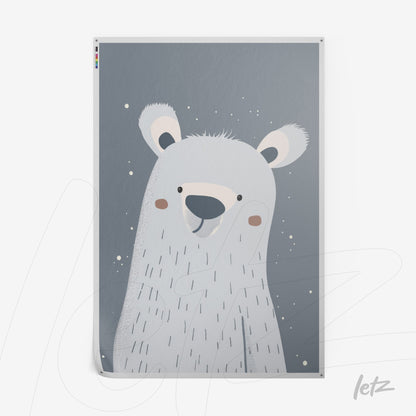 pôster com ilustração de urso polar estilizado em fundo azul
