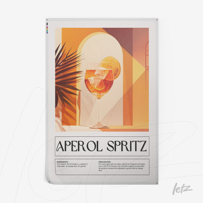quadro com arte gráfica de drink aperol spritz em moldura branca com fundo amarelo e elementos de palmeira